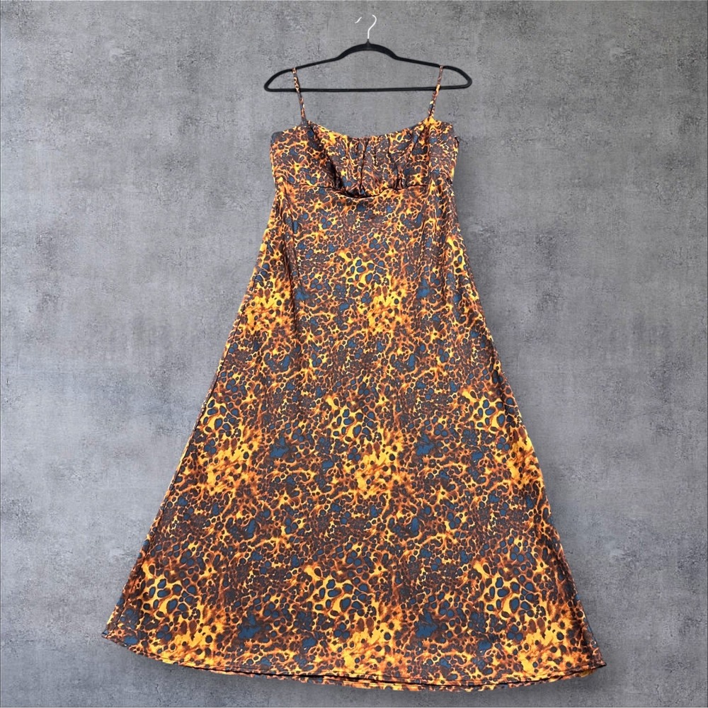 WAYF Animal Print Maxi Dress Womens M Orange Blue Ruched Bust Toetoiseshell Slip